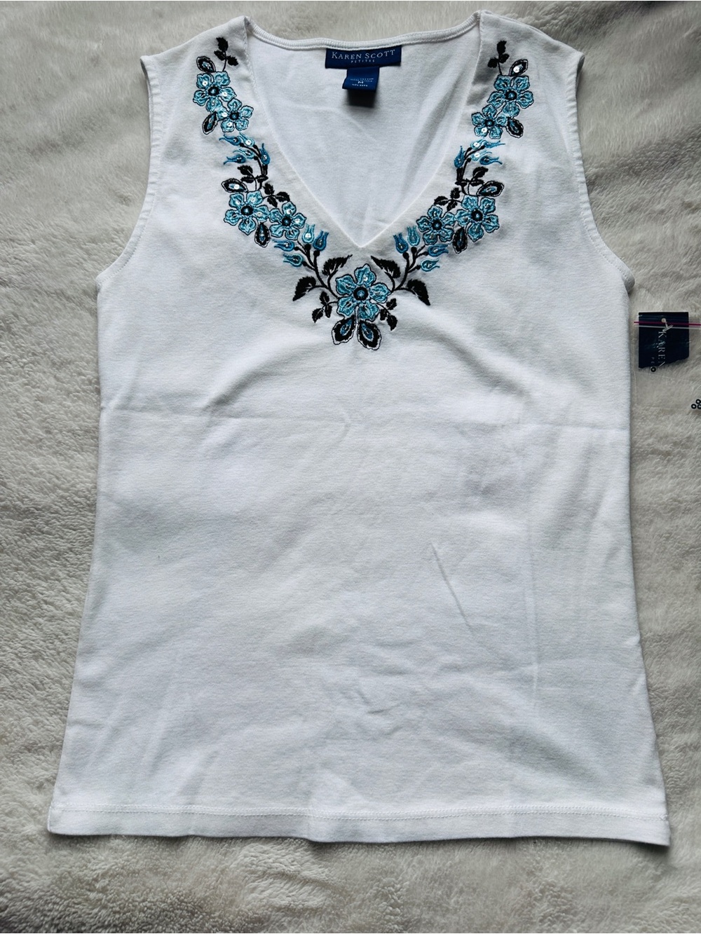 Karen Scott White V-Neck Tank with Turquoise Floral Embroidery